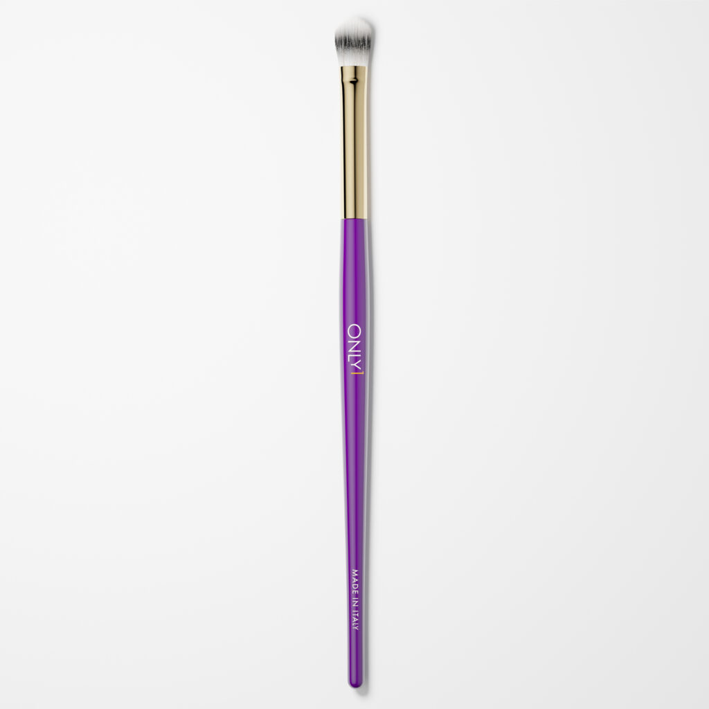 Purple and gold makeup brush with white bristles on a plain white background.