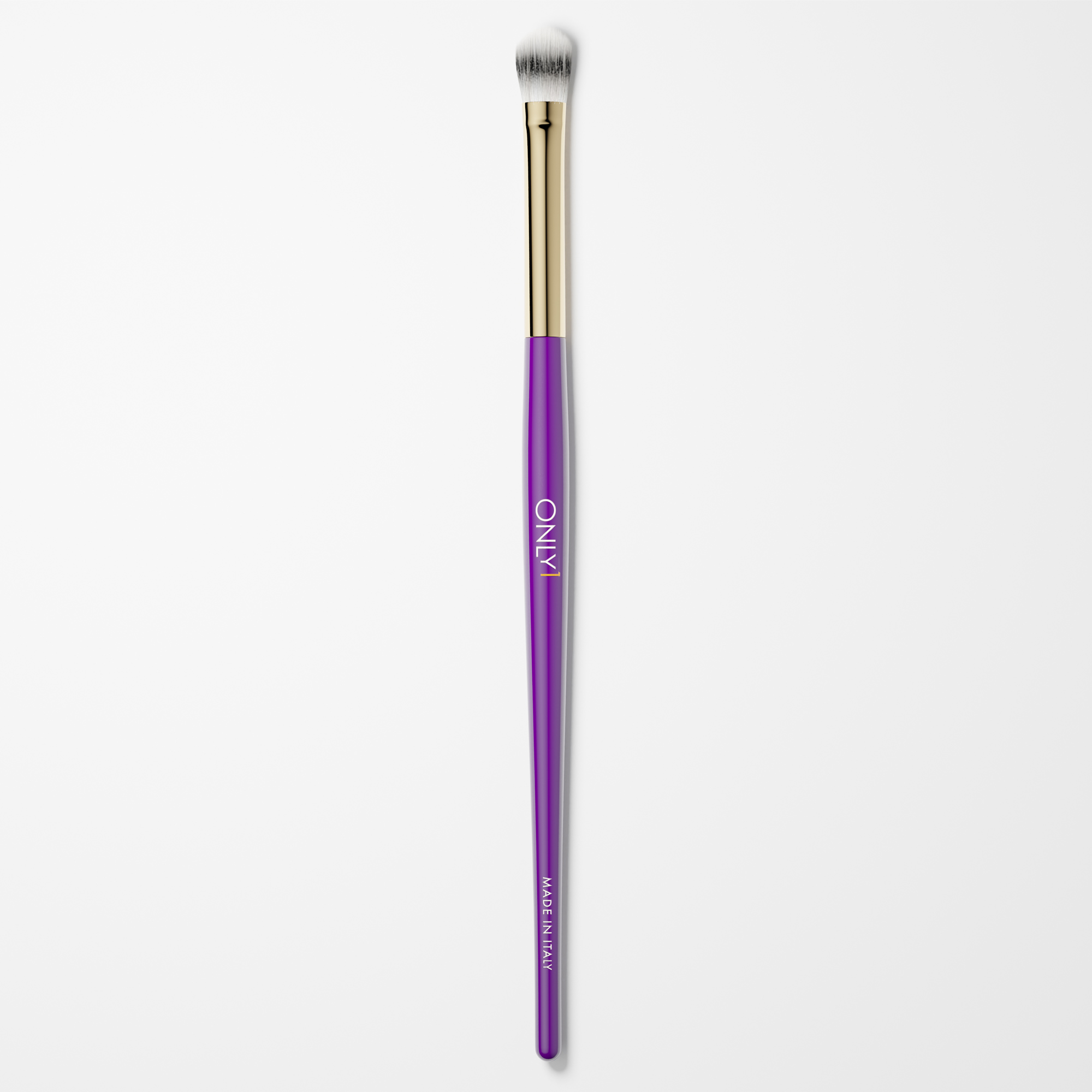 Purple and gold makeup brush with white bristles on a plain white background.