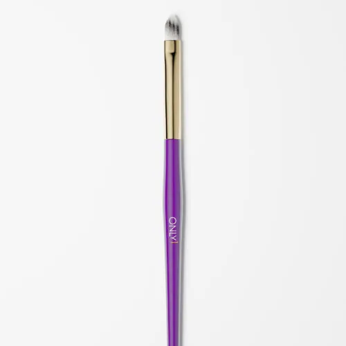 Purple and gold cat tongue makeup brush with white bristles on a plain white background.