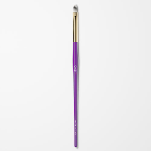 Purple and gold cat tongue makeup brush with white bristles on a plain white background.