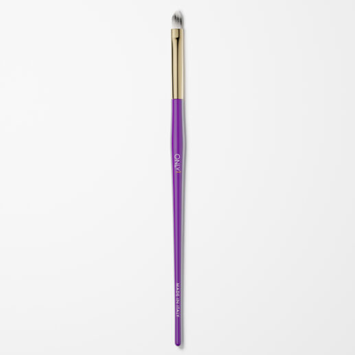 Purple and gold cat tongue makeup brush with white bristles on a plain white background.
