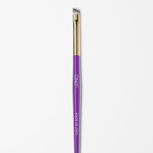 Double-ended eyebrow brush with a purple handle and gold accents, featuring an angled brush on one end and a spoolie on the other, on a plain white background.