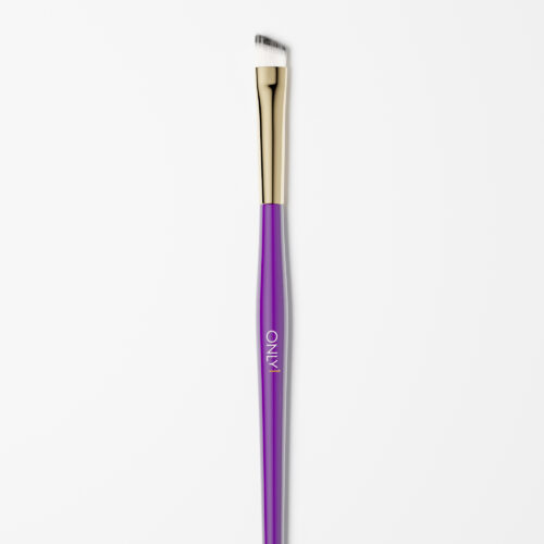 Winged eyeliner brush with a purple handle, gold accents, and fine white bristles on a plain white background.