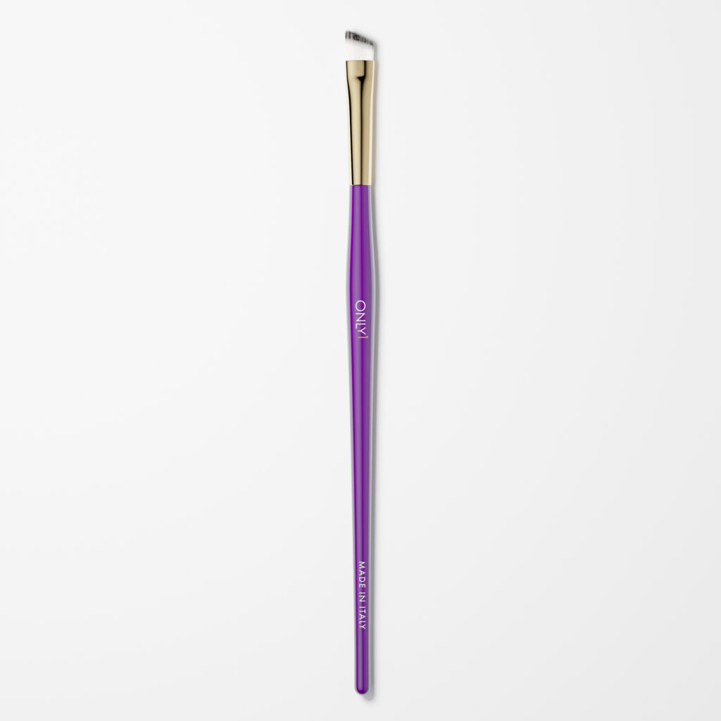 Winged eyeliner brush with a purple handle, gold accents, and fine white bristles on a plain white background.