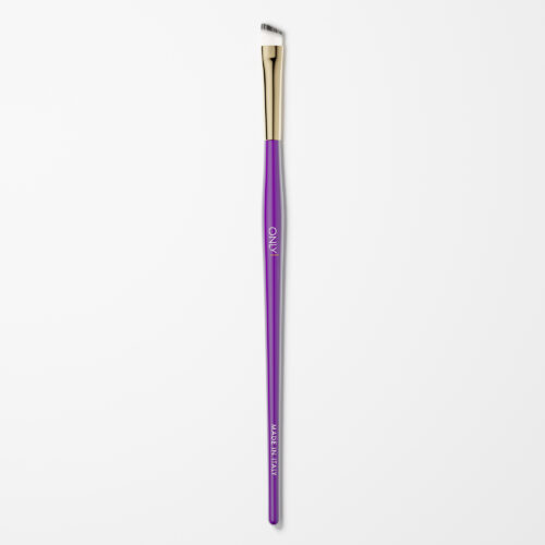 Winged eyeliner brush with a purple handle, gold accents, and fine white bristles on a plain white background.