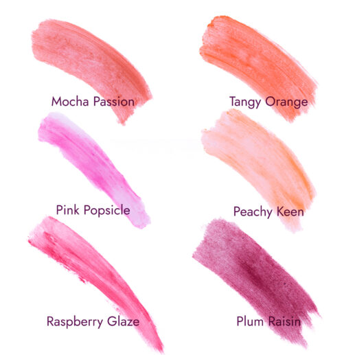 Six lip color swatches labeled: Mocha Passion, Tangy Orange, Pink Popsicle, Peachy Keen, Raspberry Glaze, and Plum Raisin.