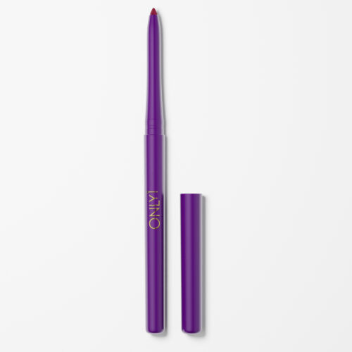 Retractable lip liner with a purple casing and red tip, shown with the cap removed, on a plain white background.