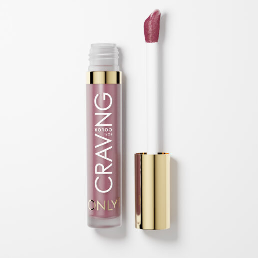 A crawberry color liquid lipstick bottle with a red cap sits on a white background. Text on the bottle reads "CRAVING" all caps