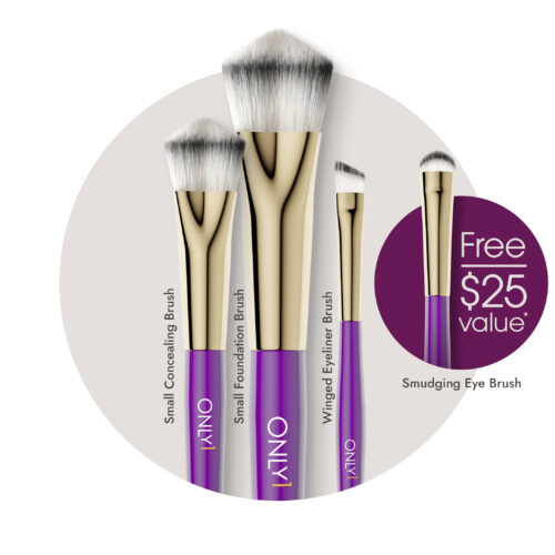 Set of three makeup brushes with purple handles and gold accents, including a small concealing brush, small foundation brush, and winged eyeliner brush. The image also features a smaller brush labeled "Smudging Eye Brush" with a "Free $25 value" badge. The background is a plain white circle.