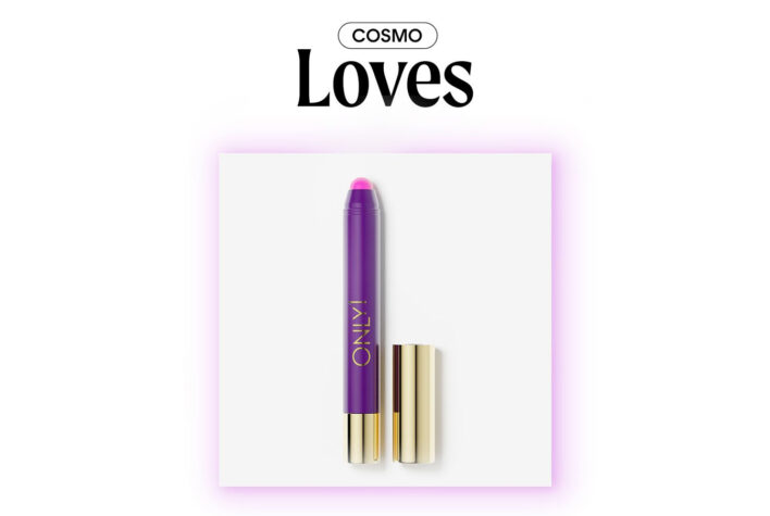 pink lipstick in purple and gold packaging, featured by Cosmopolitan.